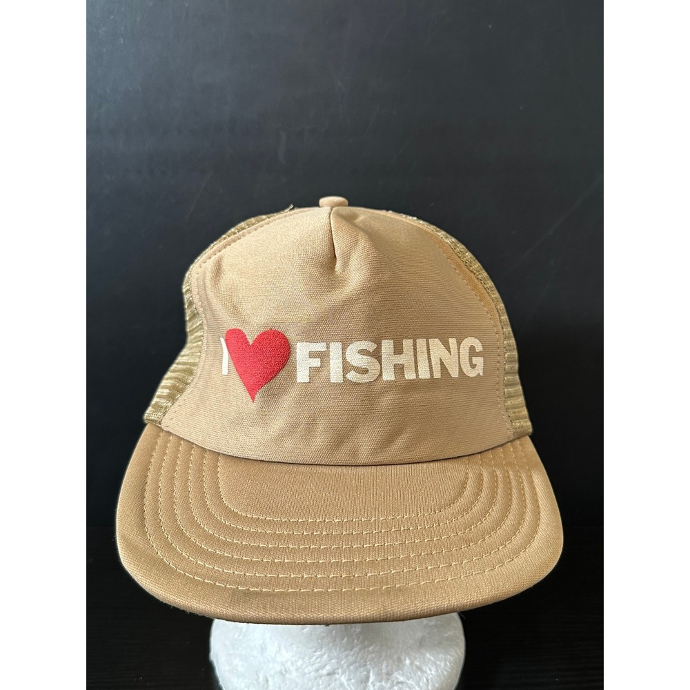 Vintage Broner I Heart Fishing Trucker Hat Tan Mesh‎ Snapback Made in USA Cap